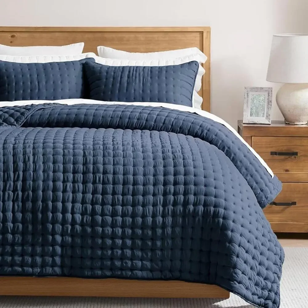 🆕 PB Style Queen Quilt Set Tufted Classic Navy Blue 3 piece Set